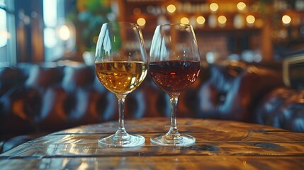 AI generated illustration of two wine glasses on a table - obrazy, fototapety, plakaty