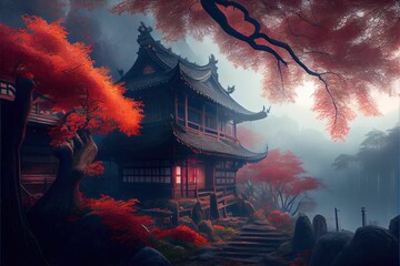 AI generated illustration of a Japanese style building in an autumn park
