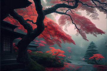 AI generated illustration of red trees in a park and a building in foggy weather