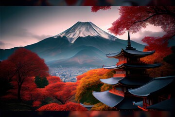AI generated illustration of Mount Fuji behind red trees and temple buildings