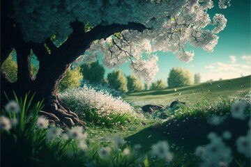 AI generated illustration of blooming sakura tree in the field under a blue sky - obrazy, fototapety, plakaty