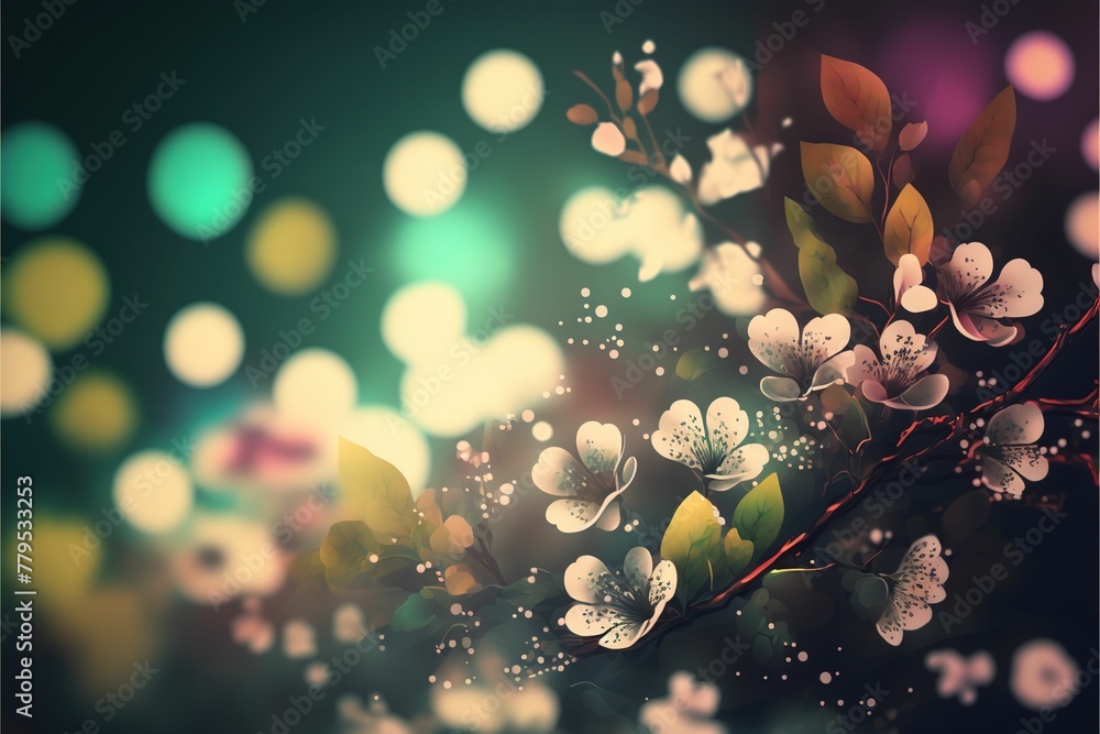 Wall mural ai generated illustration of beautiful flowers with the bokeh lights in the background