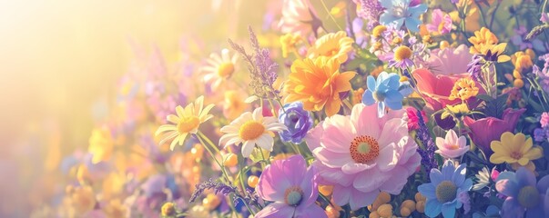 Colorful spring flowers in a bouquet on blurred background with copy space