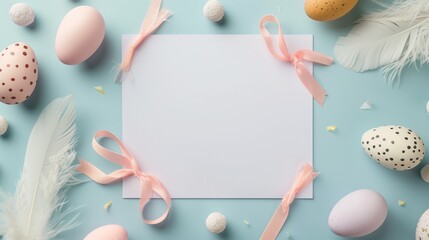 Easter composition with decorated eggs, feathers, ribbons, and copyspace on a card - obrazy, fototapety, plakaty