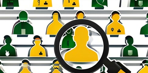 Yellow human icon inside of magnifier glass among white icons for customer focus and customer relation management or CRM concept.
