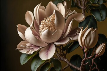 AI-generated illustration of beautiful flower heads blooming on the branches of a plant