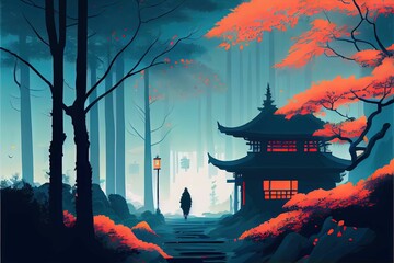 AI generated illustration of a commoner walking in the forest next to a mystical oriental building