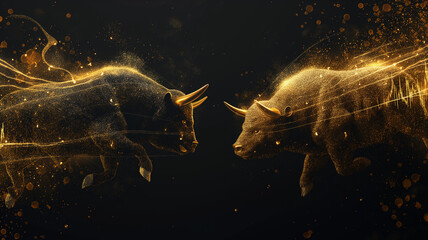 Two bulls are facing each other in a black background - obrazy, fototapety, plakaty