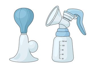 manual milk breast pump with detachable parts, highlighting its components diagram hand drawn schematic raster illustration. Medical science educational illustration