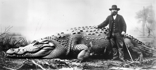 Old vintage 19th century photograph of a giant man-eater crocodile and hunter explorer posing alongside. biggest ever recorded croc click bait style photo. - obrazy, fototapety, plakaty