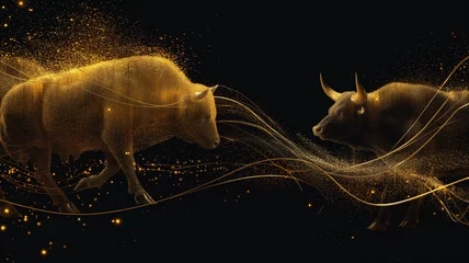 Zelfklevend Fotobehang Two bulls are fighting in a gold and black background © CtrlN