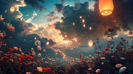 Fotobehang Dreamy landscape with lanterns and stormy sky. Magical evening scene with glowing lanterns floating above vibrant wildflowers under a stormy, star-filled sky © Vuk