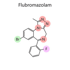 Chemical organic formula of Flubromazolam diagram hand drawn schematic raster illustration. Medical science educational illustration