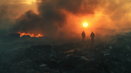 Obraz na płótnie Canvas Two men walking through a field of trash and smoke