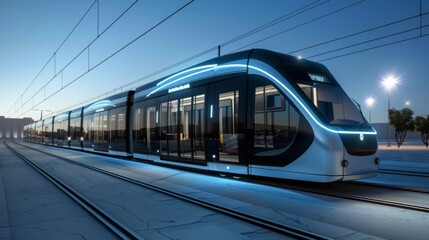 Fototapeta premium Black and White Train Traveling on Train Tracks