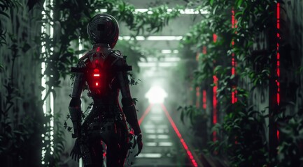 Fototapeta na wymiar Futuristic robot in overgrown passageway. A striking image of an advanced robot in a path of greenery, sparking thoughts of technology and nature fusion
