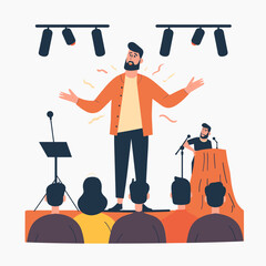 Concert hall with a male speaker. Vector illustration in flat style - obrazy, fototapety, plakaty