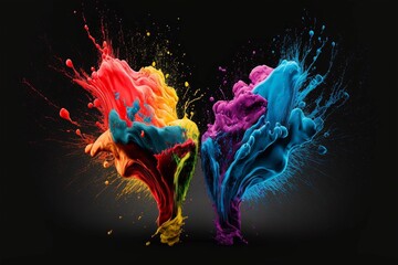 AI generated myriad of multicolored paint splashes on black background - obrazy, fototapety, plakaty