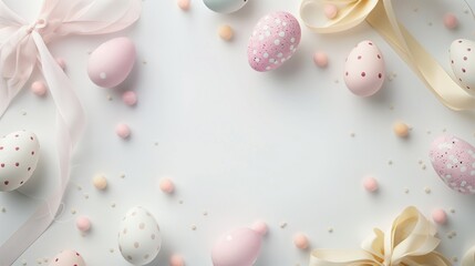 Easter eggs with patterns and ribbons on a neutral background with copyspace - obrazy, fototapety, plakaty