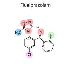 Chemical organic formula of Flualprazolam diagram hand drawn schematic raster illustration. Medical science educational illustration