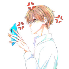 スマホを見ながら怒っている男性