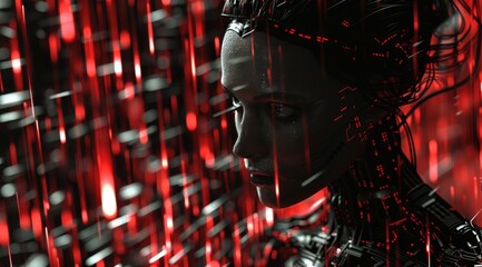 Cyborg in digital red environment with dynamic lights. A cybernetic entity is immersed in a vibrant red virtual space filled with streaks of dynamic light