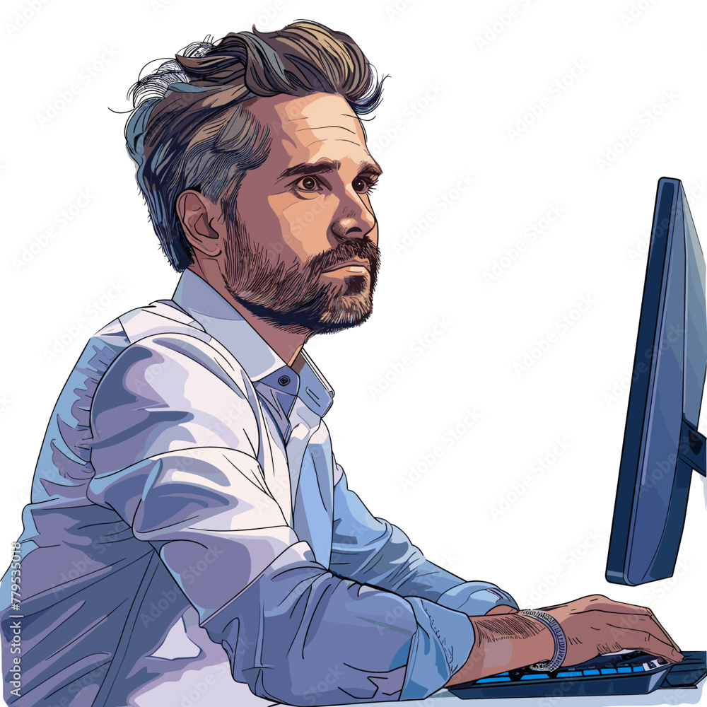 Poster vector illustration of a trader man with a beard working on the computer.