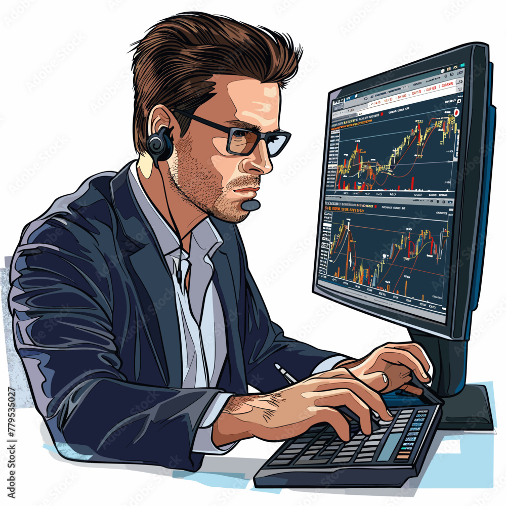 Poster stock market trader looking at computer monitor. vector illustration of a stock exchange trader.