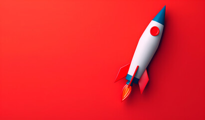 Toy rocket on red background, space exploration concept. Copy space.