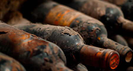 Vintage wine bottles in cellar, covered in dust and dirt. selective focus on aged labels.
 - obrazy, fototapety, plakaty