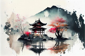 AI-generated illustration of an ink wash painting of an ancient Asian temple by a lake