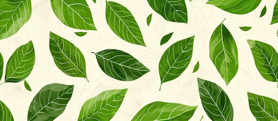 A seamless pattern of green leaves on a white background, featuring various terrestrial plants such as grass, groundcover, flowering plants, subshrubs, annual plants, and herbs