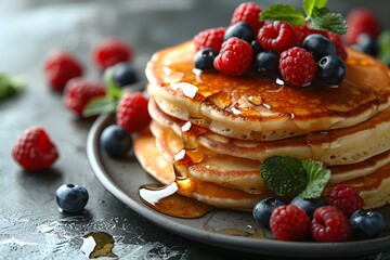 Stack of Pancakes Topped With Berries and Mint