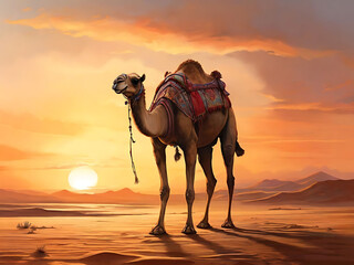 A Camel Walking in Desert. Generative AI - obrazy, fototapety, plakaty