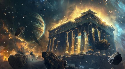 Ancient Greek temple amidst cosmic destruction. An ancient Greek temple stands amidst a dynamic cosmic event, reflecting themes of civilisation, history, and apocalyptic scenarios