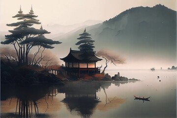 AI-generated illustration of ink wash painting of an ancient Asian temple by a lake