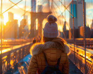 Brooklyn Bridge with female tourist facing city skyline.