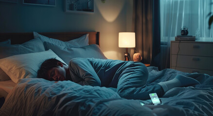 A man in bed with his phone on the bedside table, a commercial for smart sleep that uses AI to help you get nighttime rest
