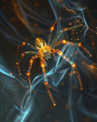 Glowing spider on a digital web background. A captivating image of a spider enhanced with glowing digital effects, creating a blend of nature and technology