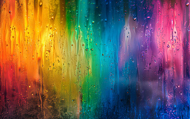 Rainbow-colored raindrops on glass, colorful abstract background.