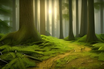 AI generated illustration of a beautiful magical mystical foggy lush green forest