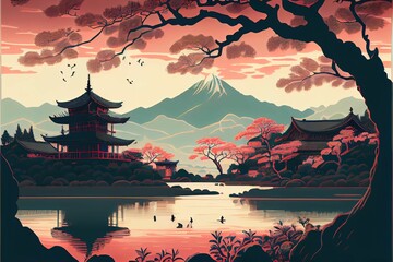 AI generated illustration of a Japanese style painting with landscapes and coastal building