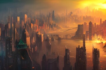 AI generated illustration of a dystopian city skyline with glowing beautiful lights
