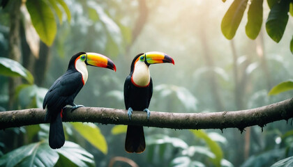 Two toucan tropical birds sitting on a tree branch in a natural wildlife environment in a rainforest jungle. Generative AI