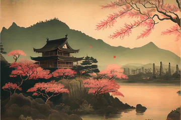 Fotobehang AI generated illustration of a Japanese style painting with landscapes and coastal building © Wirestock