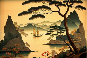 AI generated illustration of a Japanese style painting with landscapes and coastal building