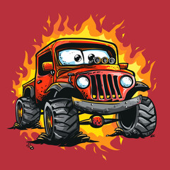 Illustration of a cartoon monster truck on fire. Vector illustration.