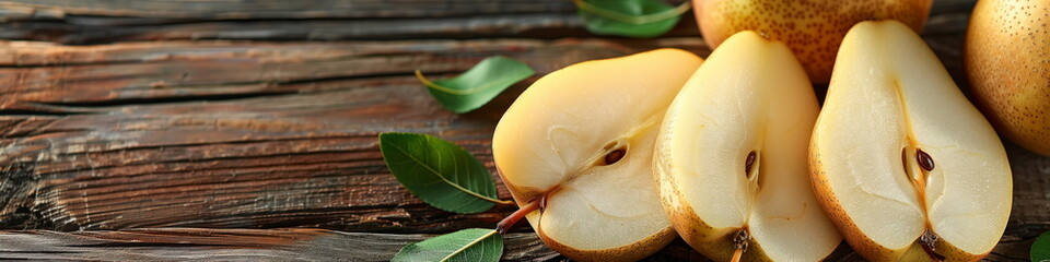 Fresh scliced yellow pear with green leaves on wooden background. Close up view, panorama banner,...