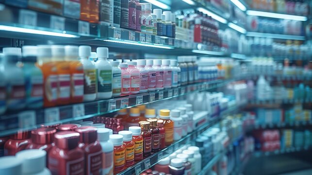 A store shelf with many different types of vitamins and supplements