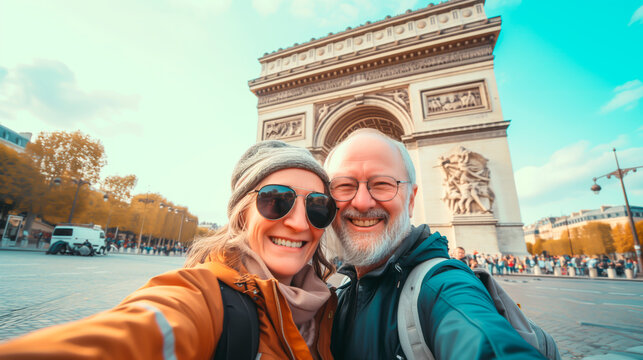 Senior couple taking selfie with Arc de Triomphe, Paris. Concept of travels at an old age and bucket list experiences. 
